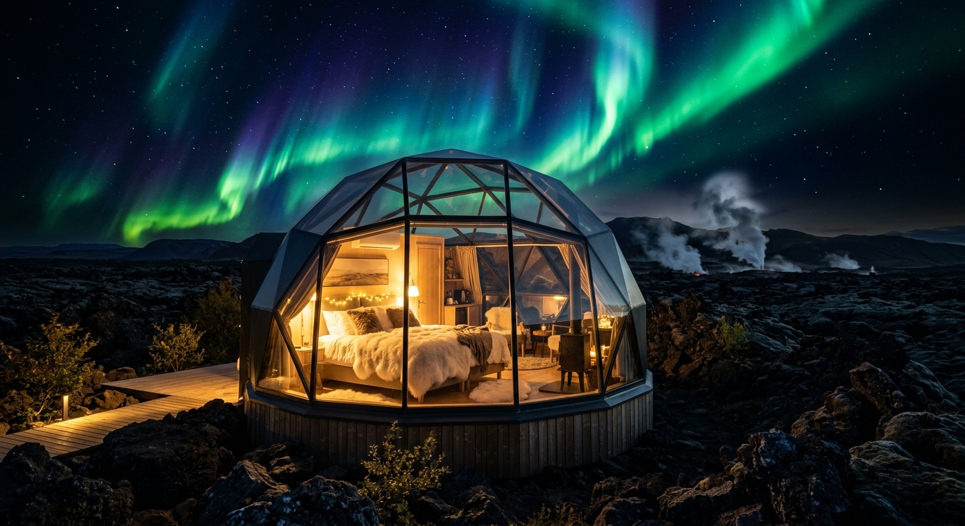 Luxury geodesic dome on lava field